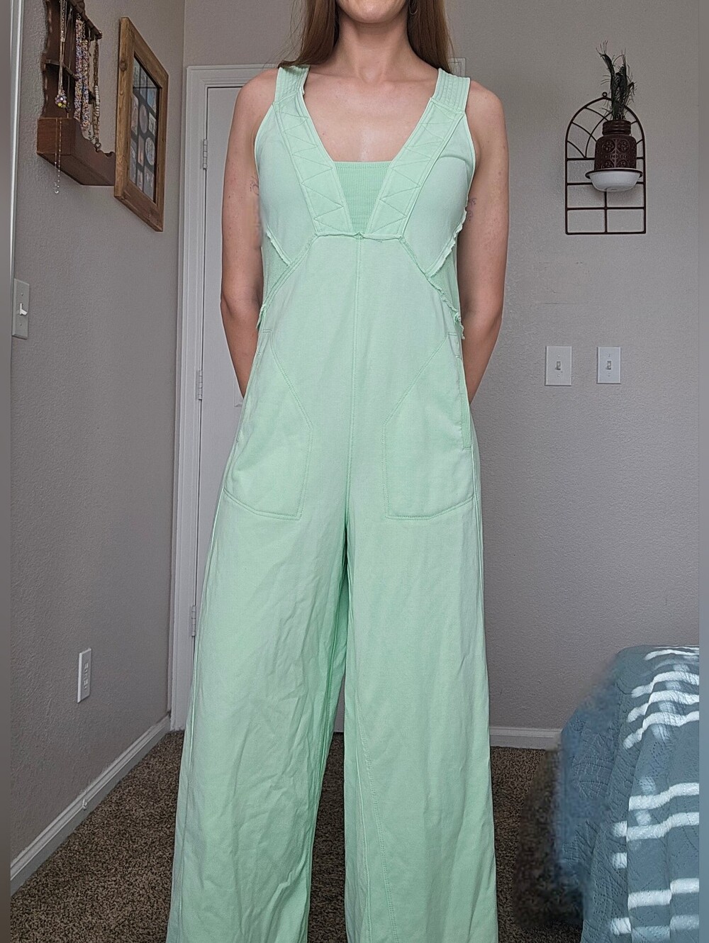Mint Green Wide-Leg Romper with Patch Pockets